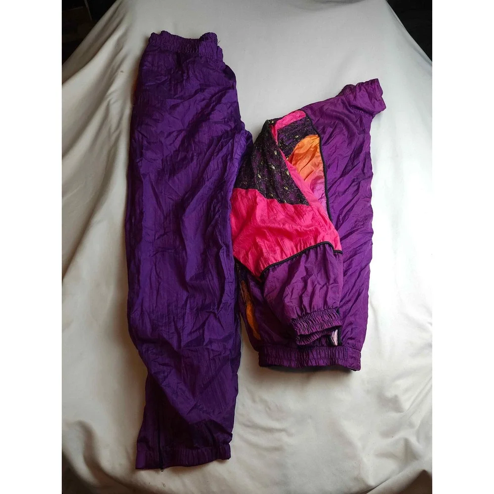 Vintage 80s 90s Track Suit Windbreaker Set Purple Pink Orange Abstract Large